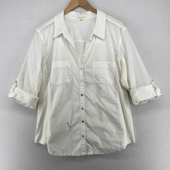 Eileen Fisher Tops - EILEEN FISHER Shirt XL Organic Cotton Woven Roll Tab Sleeve Button Front White